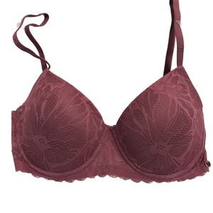 Danskin Intimates Burgundy Lace Plunge Bra‎ 34C